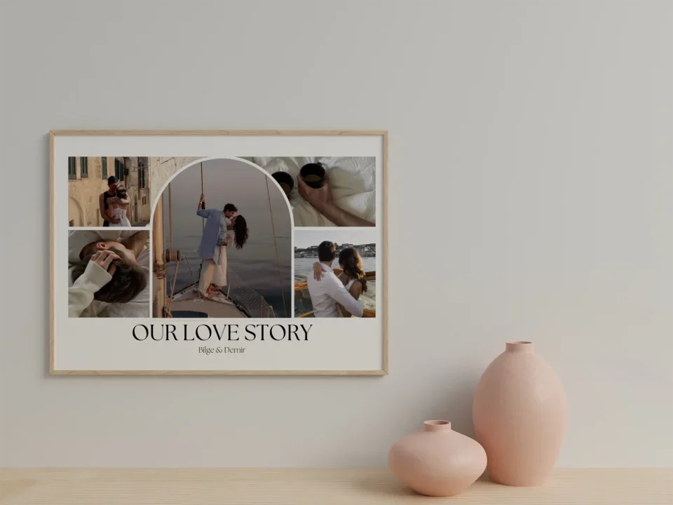 Clean and minimalist front view horizontal wooden photo or poster frame mockup hanging on the wall with vase 3d rendering